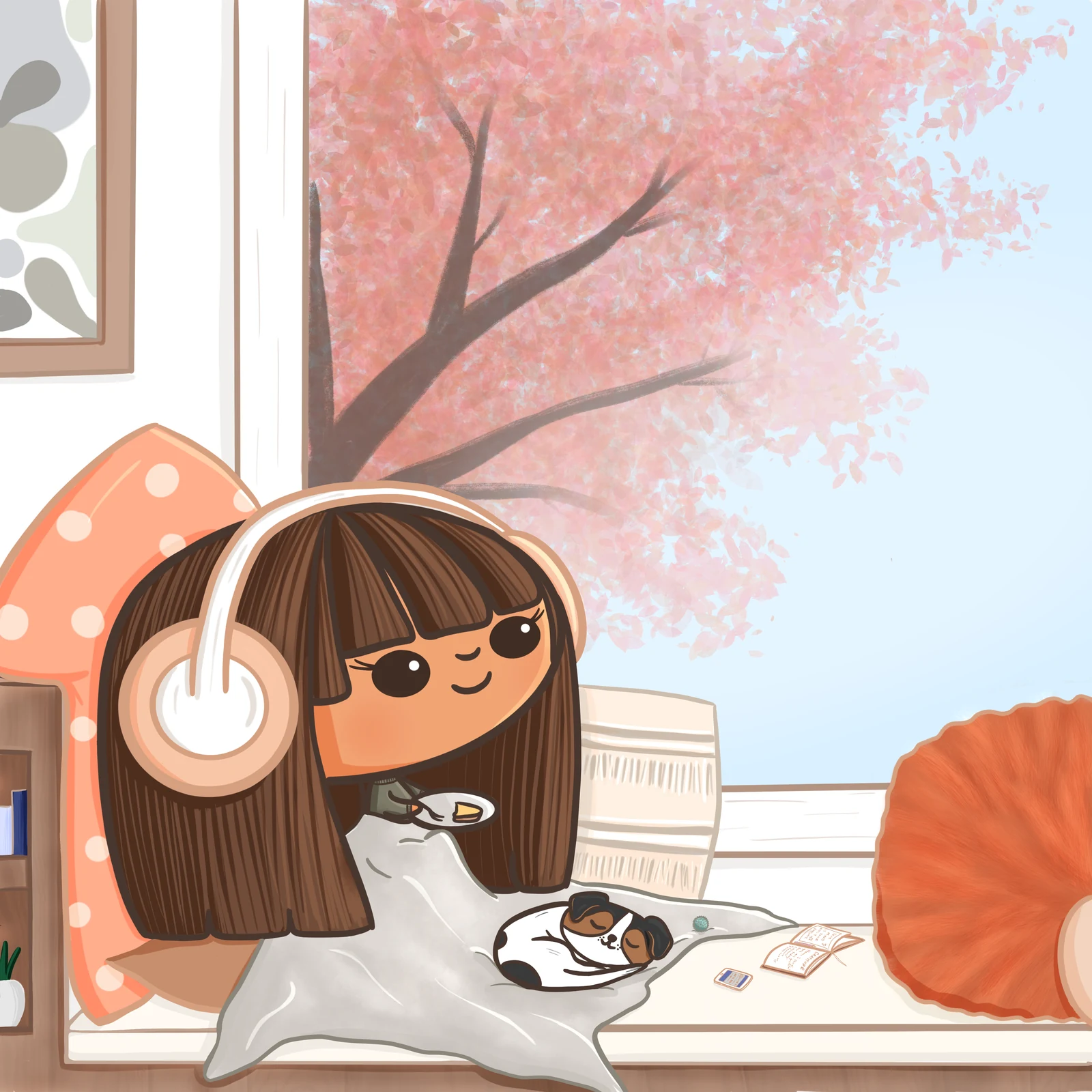 An illustrated self-portrait of Aleesha wearing headphones and reading beside a window, with a small dog tucked under her arm.