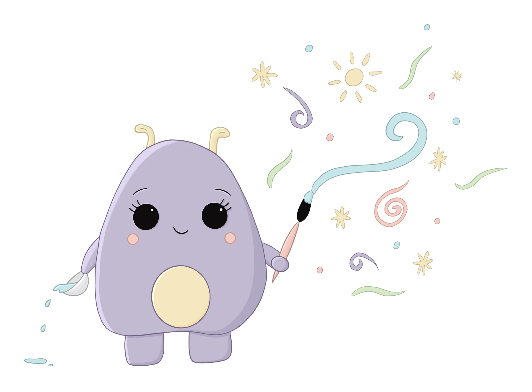 A gentle purple classroom friend painting colourful curls in the air.