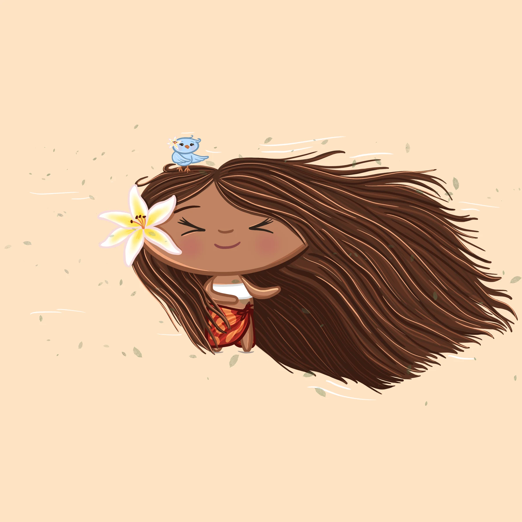 A smiling illustrated girl with a flower tucked into her long hair as it blows in the breeze.