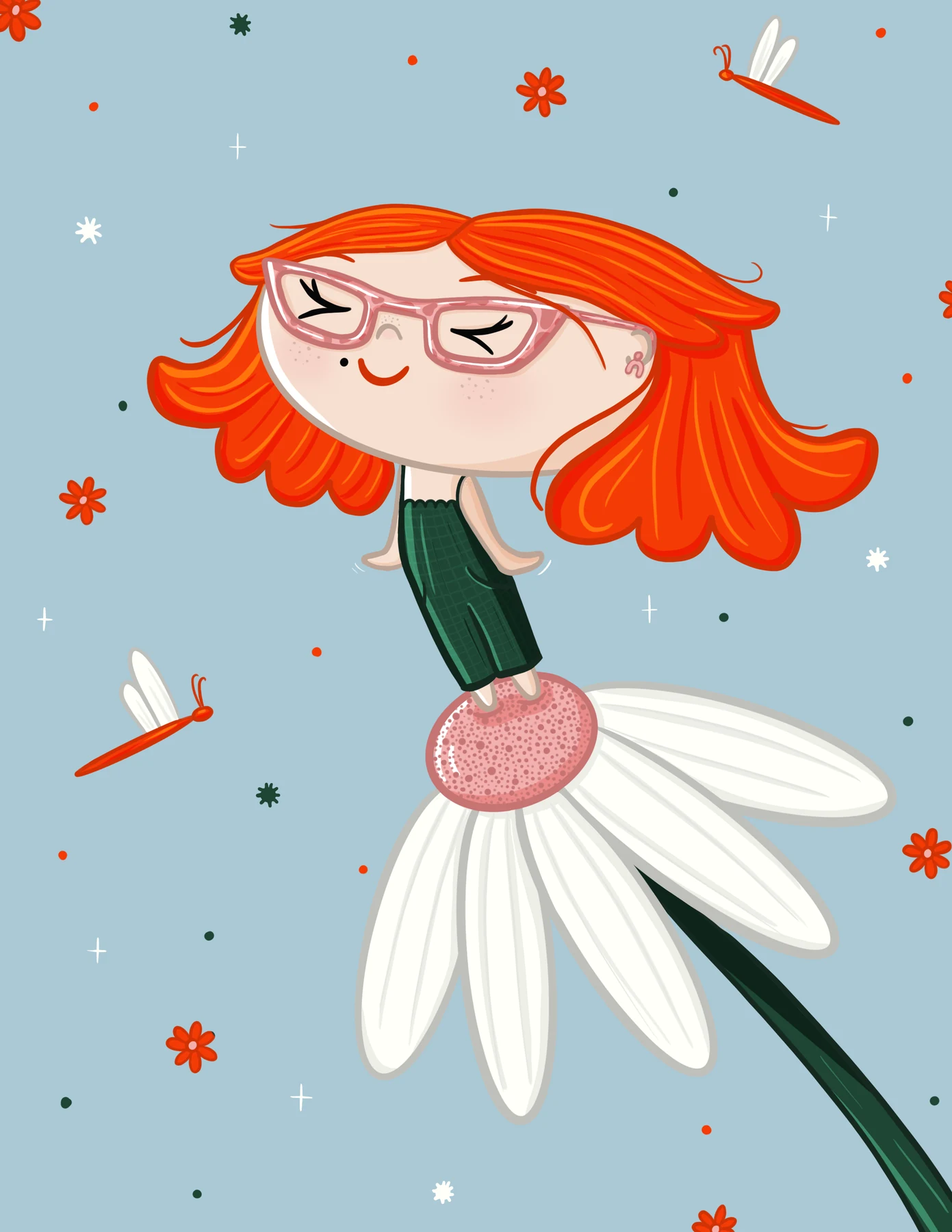 An orange-haired character in glasses balancing on the centre of a white daisy.