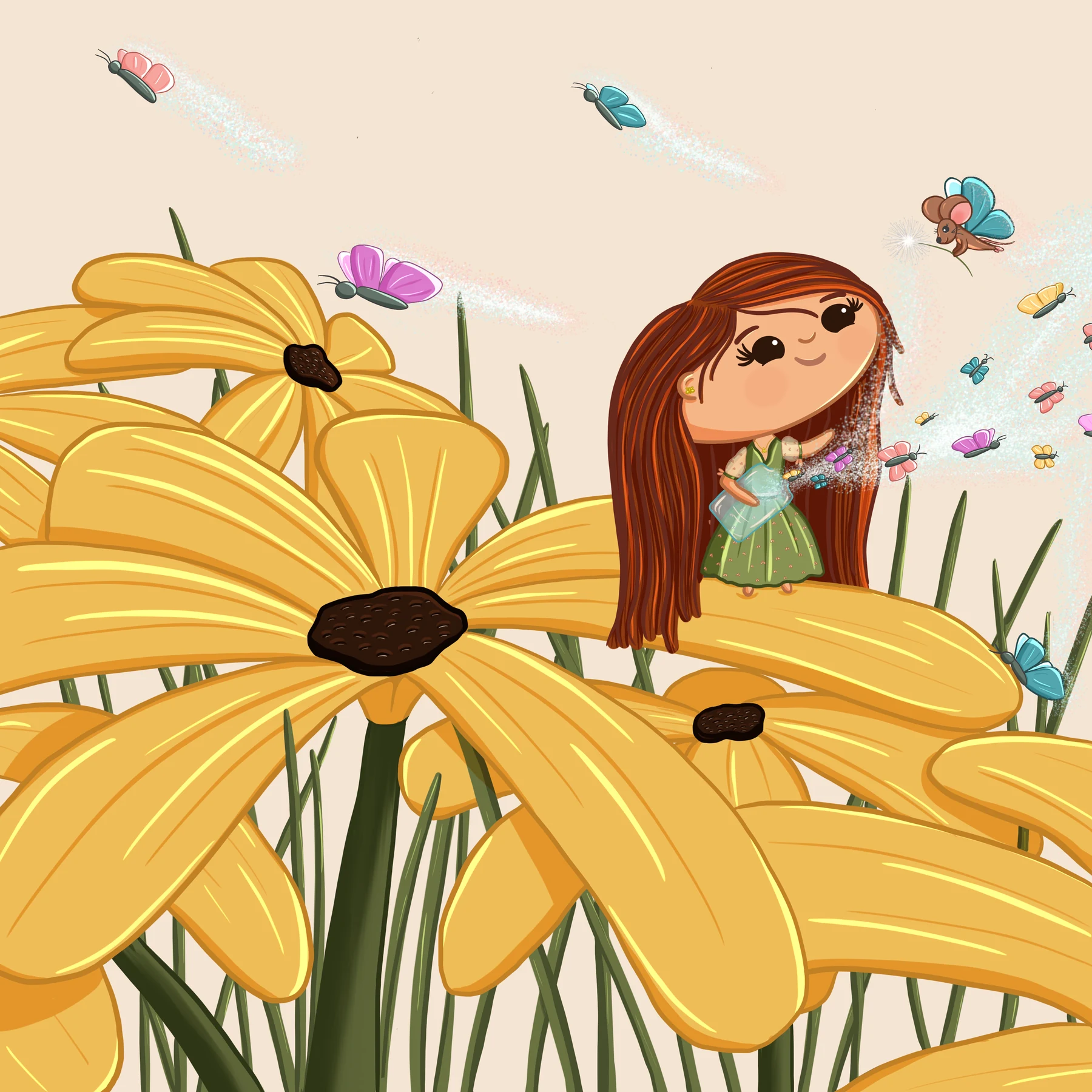 A small illustrated girl exploring among towering yellow flowers and drifting butterflies.