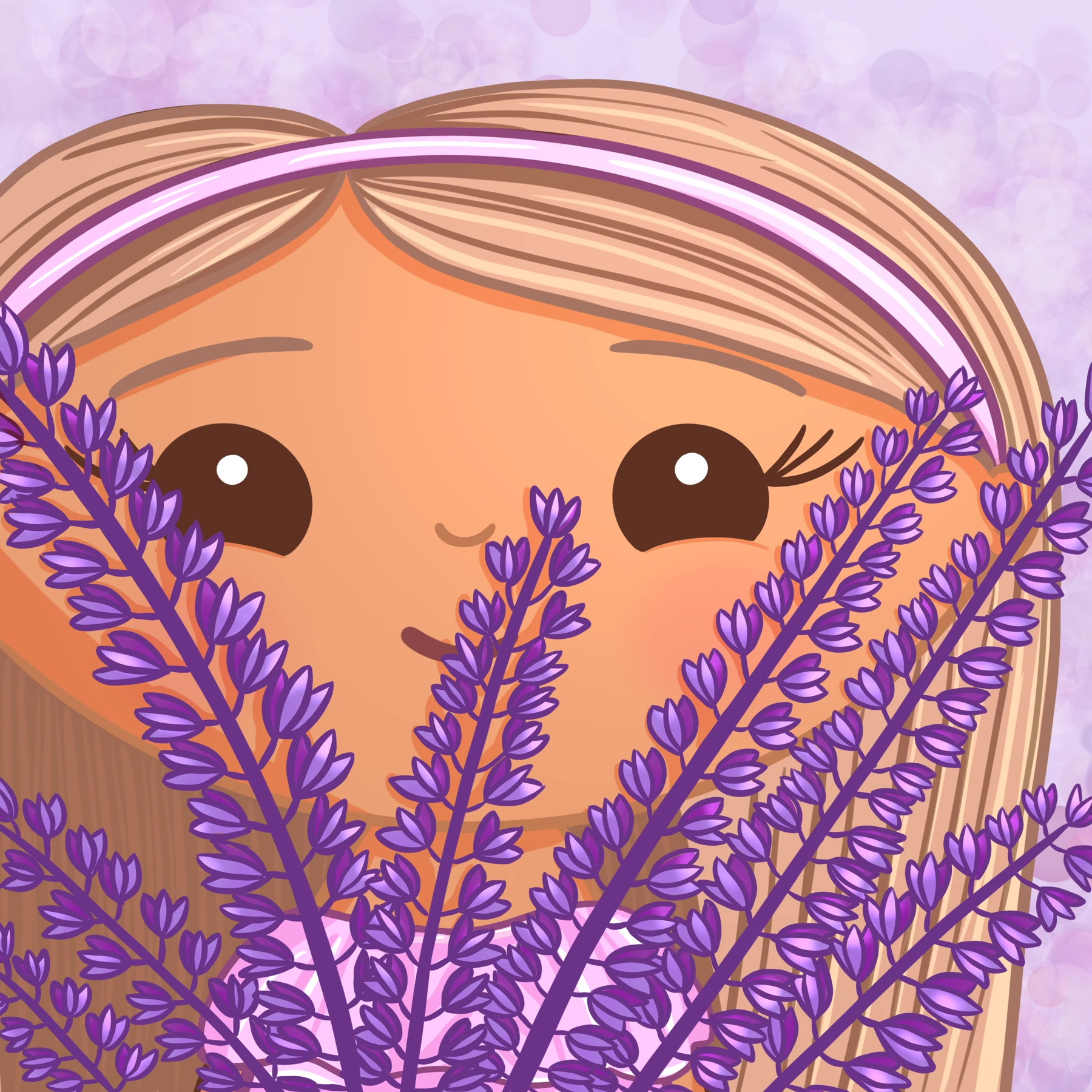 A close portrait of a smiling child peeking through purple lavender stems.
