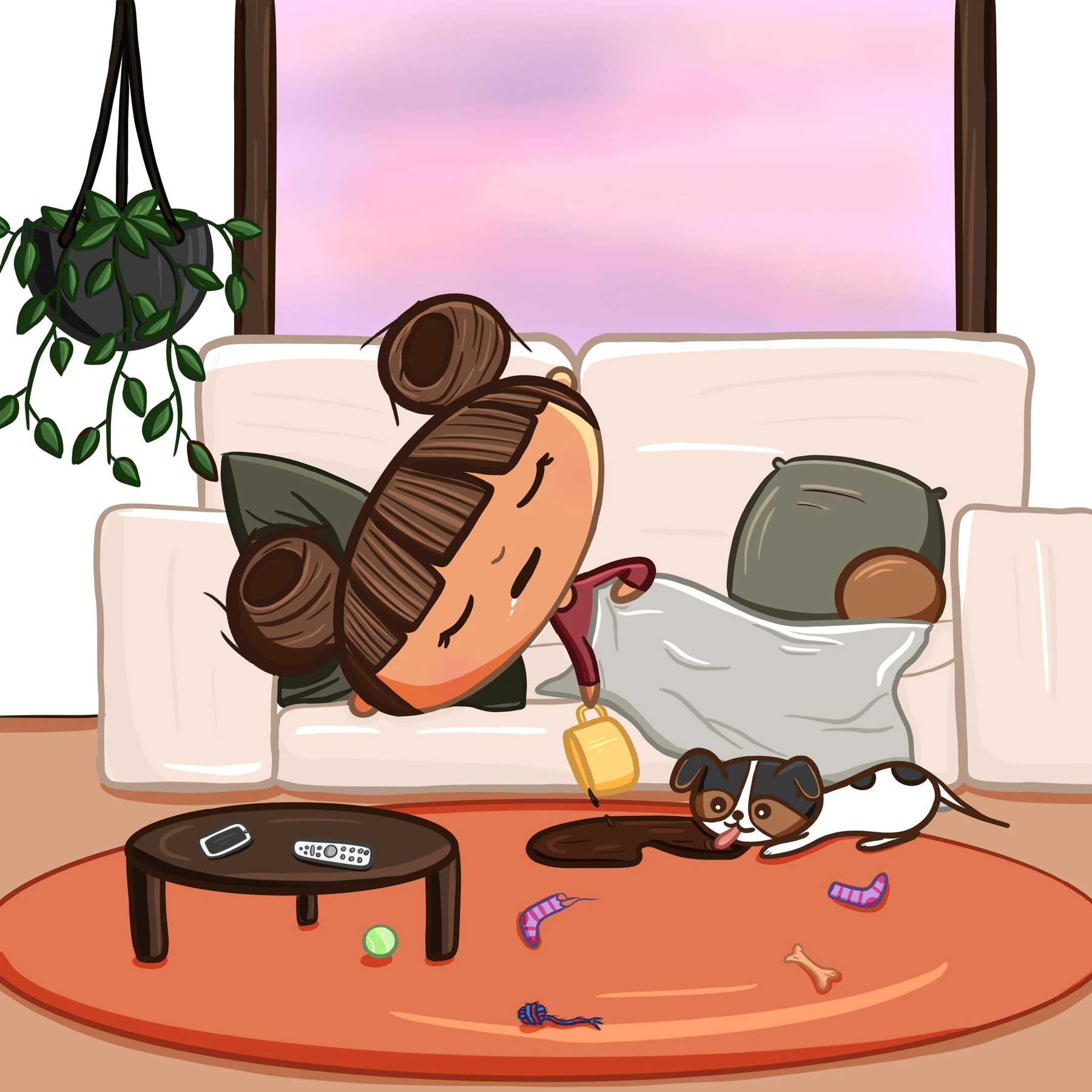 A character resting on a sofa beside a sleeping dog in a warm living room.