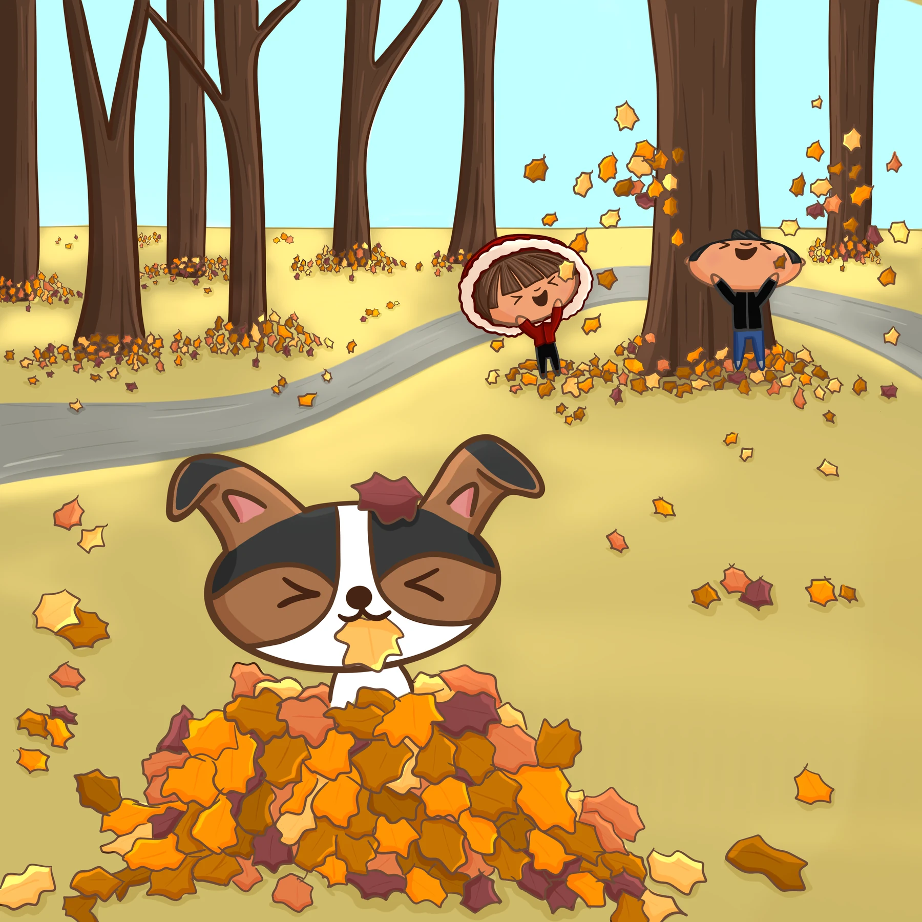A dog hiding in a heap of autumn leaves while two children play among the trees.